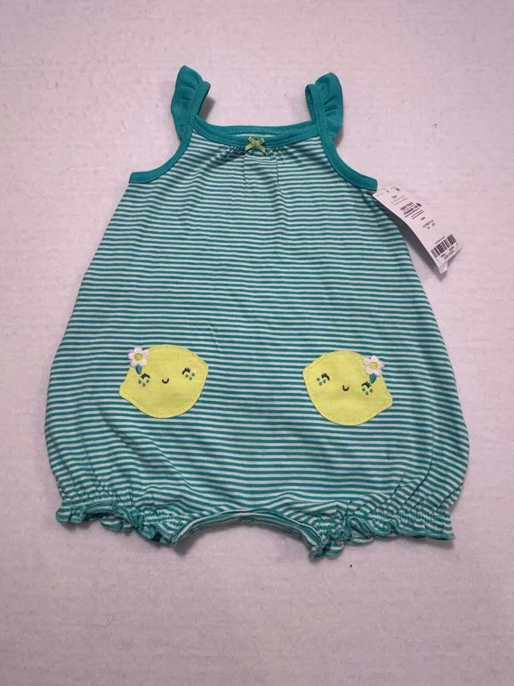 Carter’s Baby Girl Lemon Print Striped Cotton Romper NWT Size 3 Months